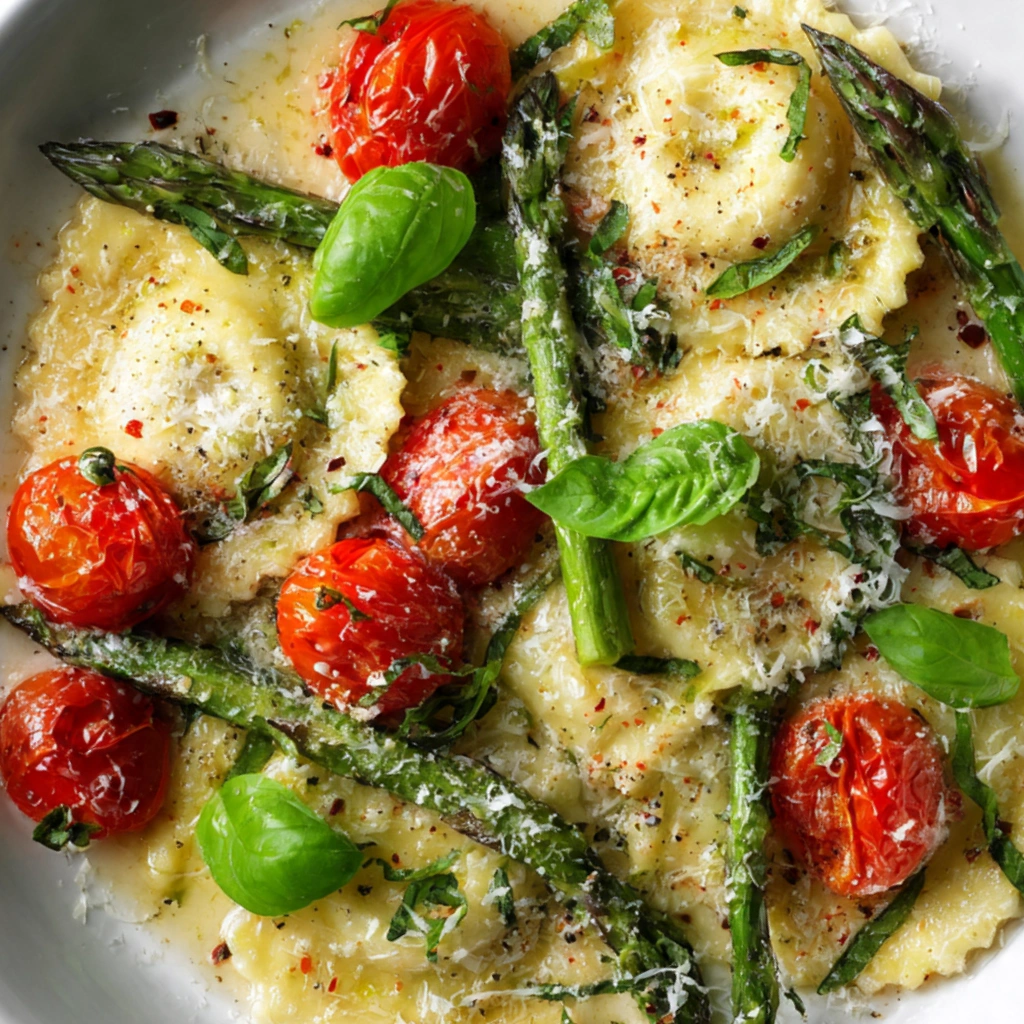 Ravioli with Asparagus and Tomatoes